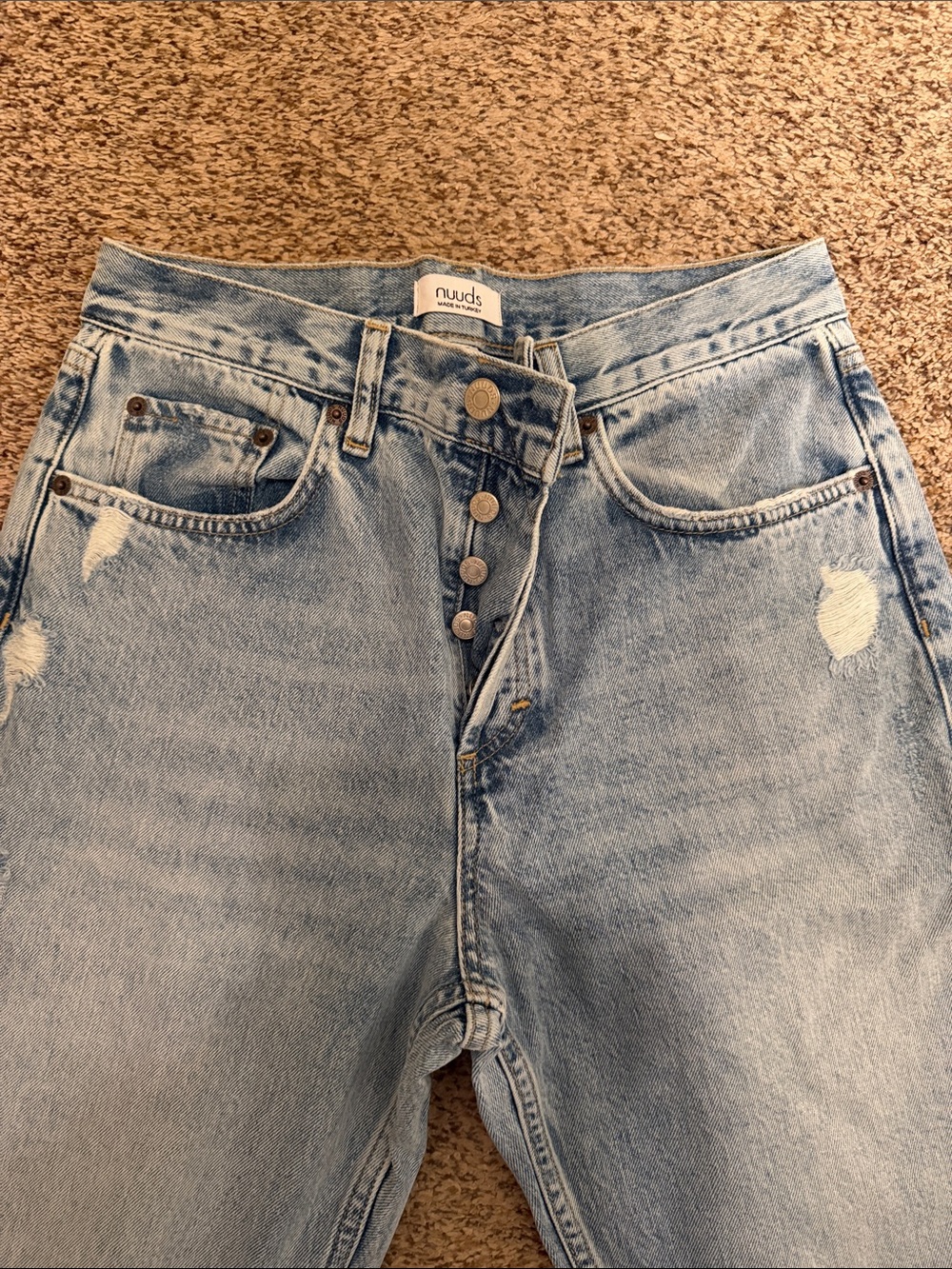nuuds Light Blue Distressed High-Rise Button-Fly Jeans 27